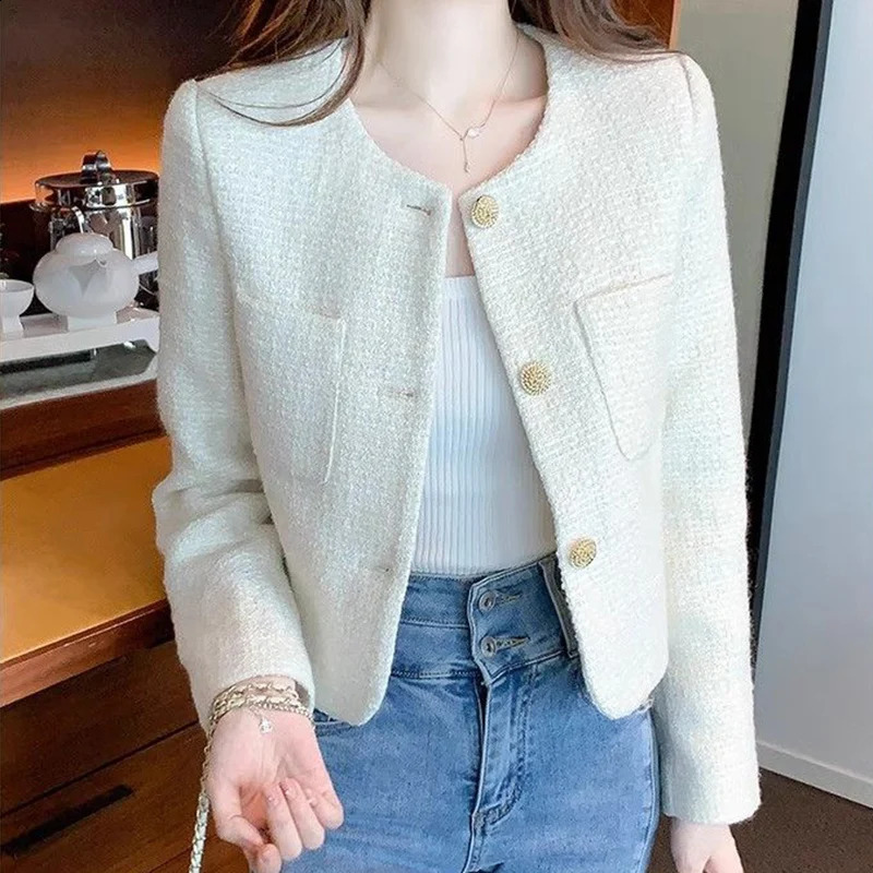 Rimocy Korean fashion tweed womens cut jacket spring round neck chic jacket womens beige single chest jacket women 240906