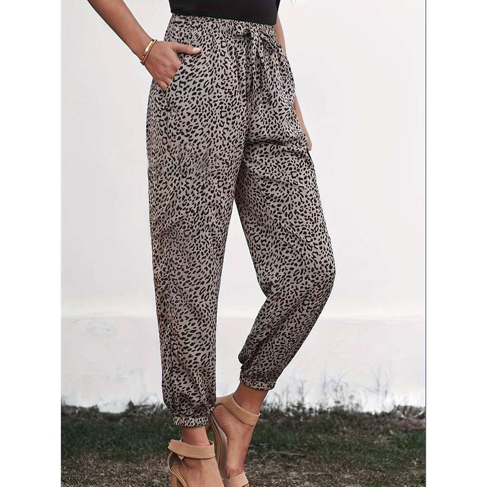 Leopard print casual pants women, high waisted slimming, loose and elastic fit, small ankle sports sweatpants for women