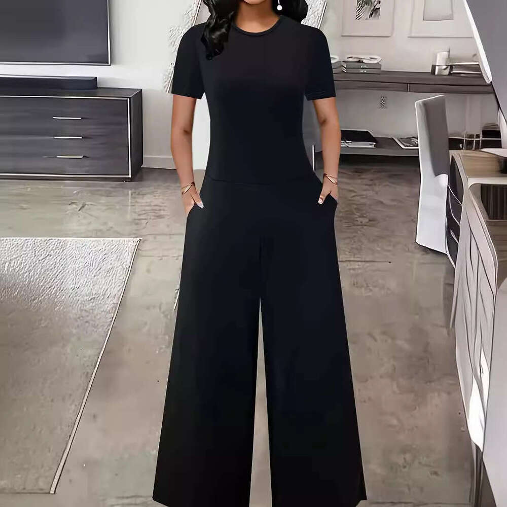 Shein women's commuting jumpsuit 2024 spring/summer casual solid color short sleeved wide leg pants
