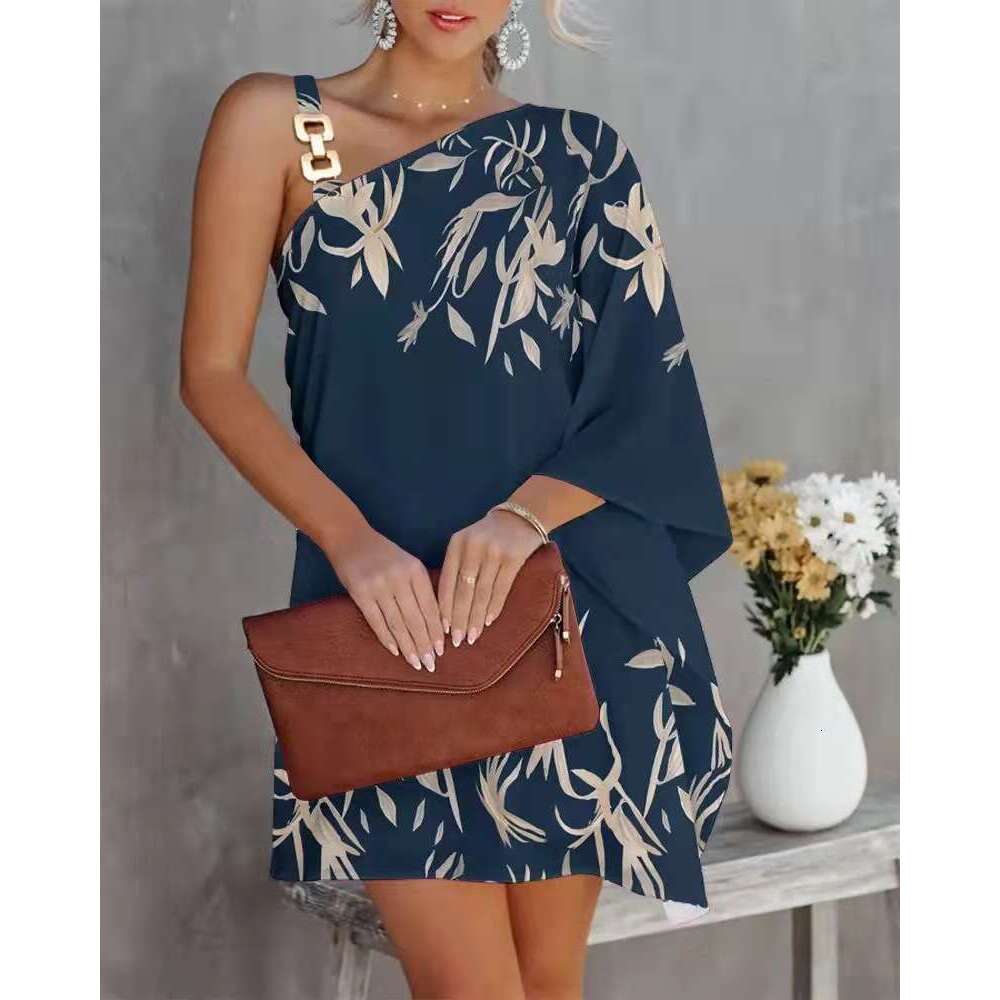 2024 Summer New Women's Print Sexy Slant Neck Off Shoulder Dress