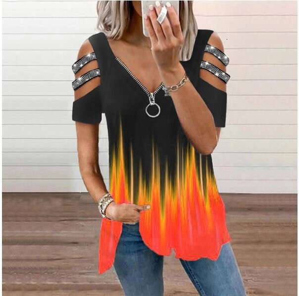 2024 V-neck zipper pullover printed short sleeved loose T-shirt Women's top