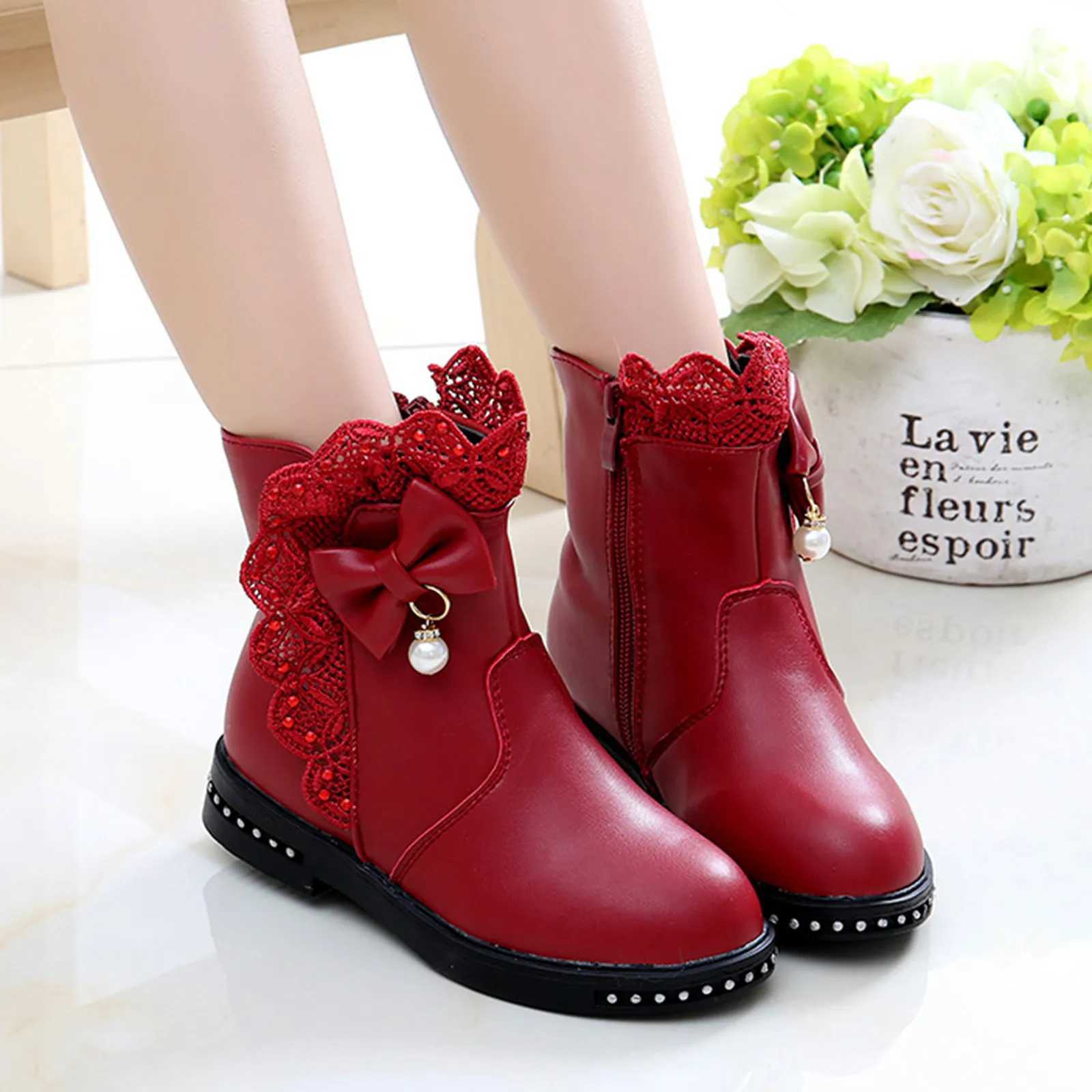 New Girls Princess Boots Kids Ankle Boots Lace with Bow-knot Sweet Warm Cotton Children Rubber Boots Fur Lining Snow Boots Shoes M240906