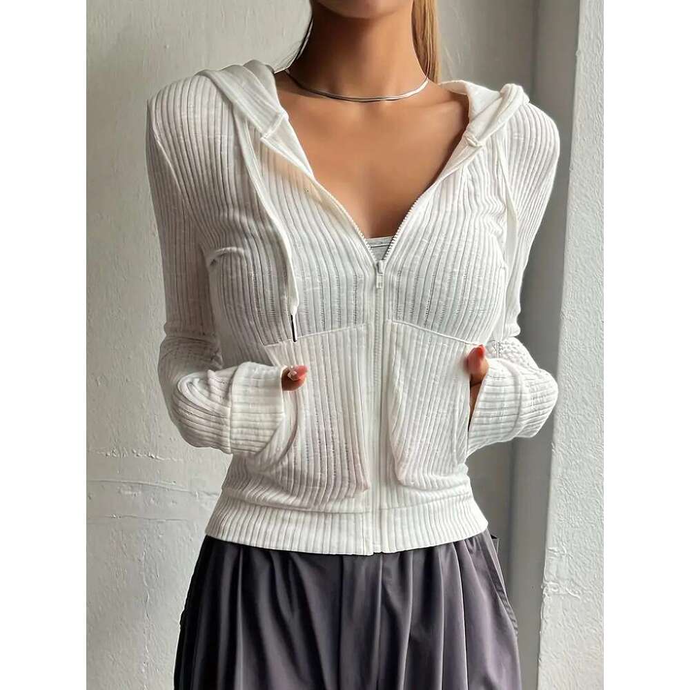 Casual long sleeved solid color cardigan hooded jacket white top