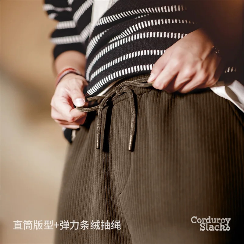 Maden Retro Corduroy Slacks Winter Mens Striped Velvet Loose Long Legs Khaki Elastic Waist Casual Straight Pants 240905