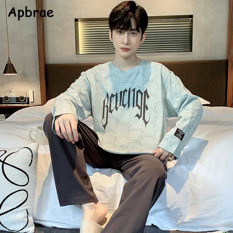100% Pure Cotton Pajamas for Men Autumn Winter Fashion O-neck Pajama Long Sleeved Full Pants Sleepwear Plus Size L-3XL Homewear Y240906