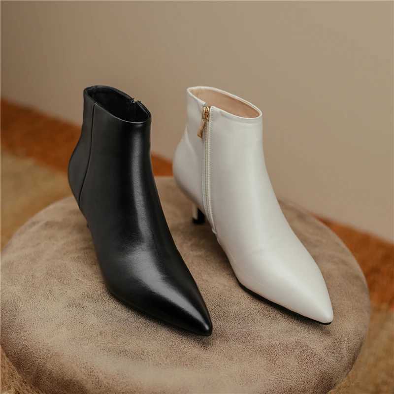 Dress womens ankle boots toe zipper beige thin high heels all leather 2022 classic spring shoes for the office CL240906