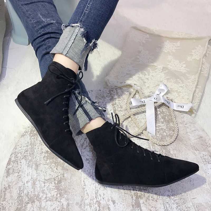 2022 Pointed Toe lace upper womens flat shoes short Chelsea Botas Feminina warm winter snow Bottes Mujer Traf fur leather shoes CL240906