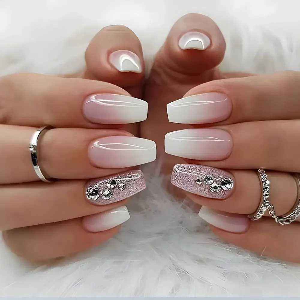 24 pieces pressed onto wearable fake nails pink gradient shimmer butterfly rhinestone fake nails fully covered acrylic nail tips W240905