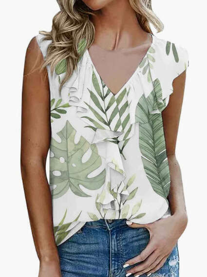 2024 temu Summer New Women's Printed Wood Ear Edge T-shirt Tank Top