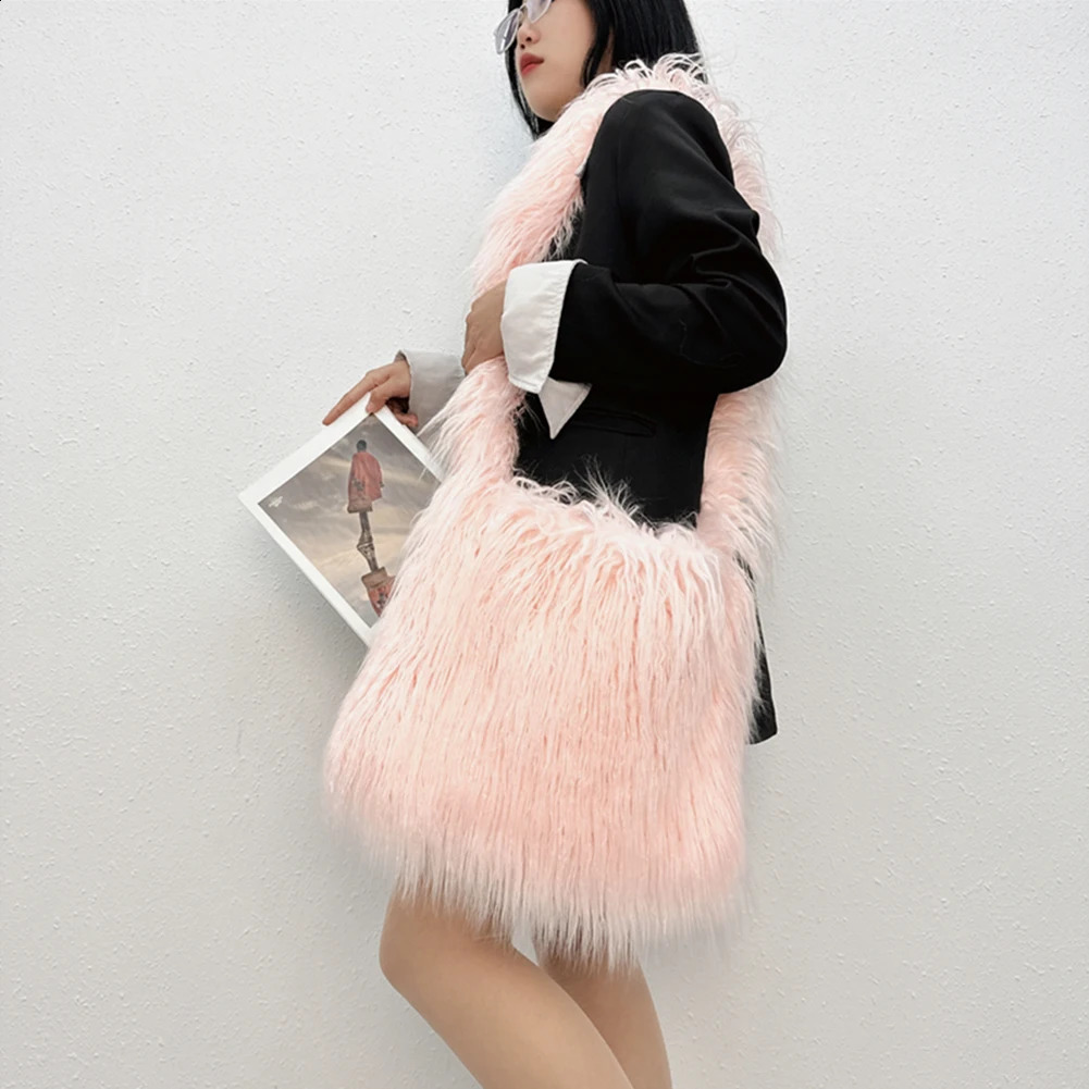 Womens Fluffy Cross Body Bag Soft Plush Sling Large Capacity Artificial Fur Solid Color Fashion Travel 240906