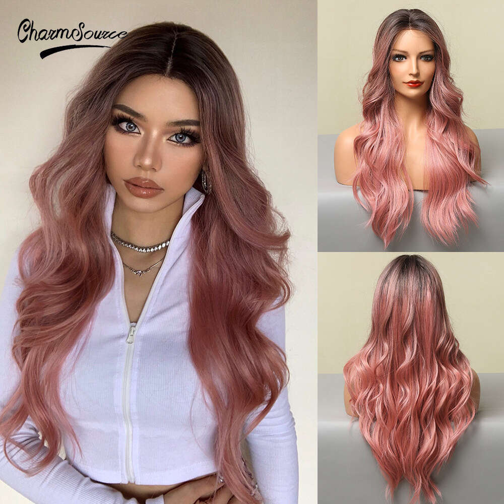 Charmsoure Pink Body Wave Front Wig Cospaly Daily Natural Women's Heat Resistance Synthetic Lace Wigs