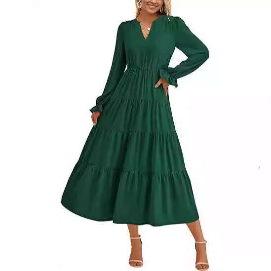 2024 autumn dress long sleeved V-neck layered ruffle hem flowing A-line cocktail party