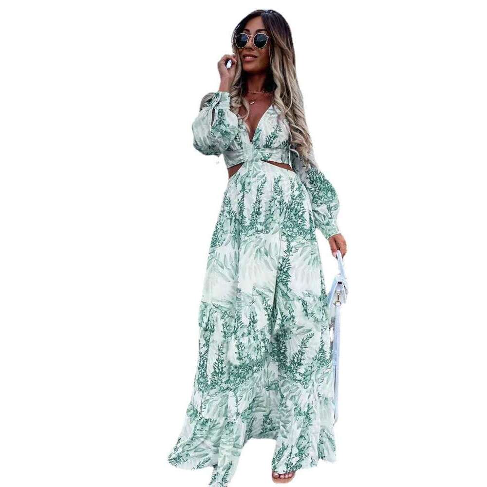 2023 Fashion Women's Spring New Printed V-neck Long sleeved Dress with Temperament