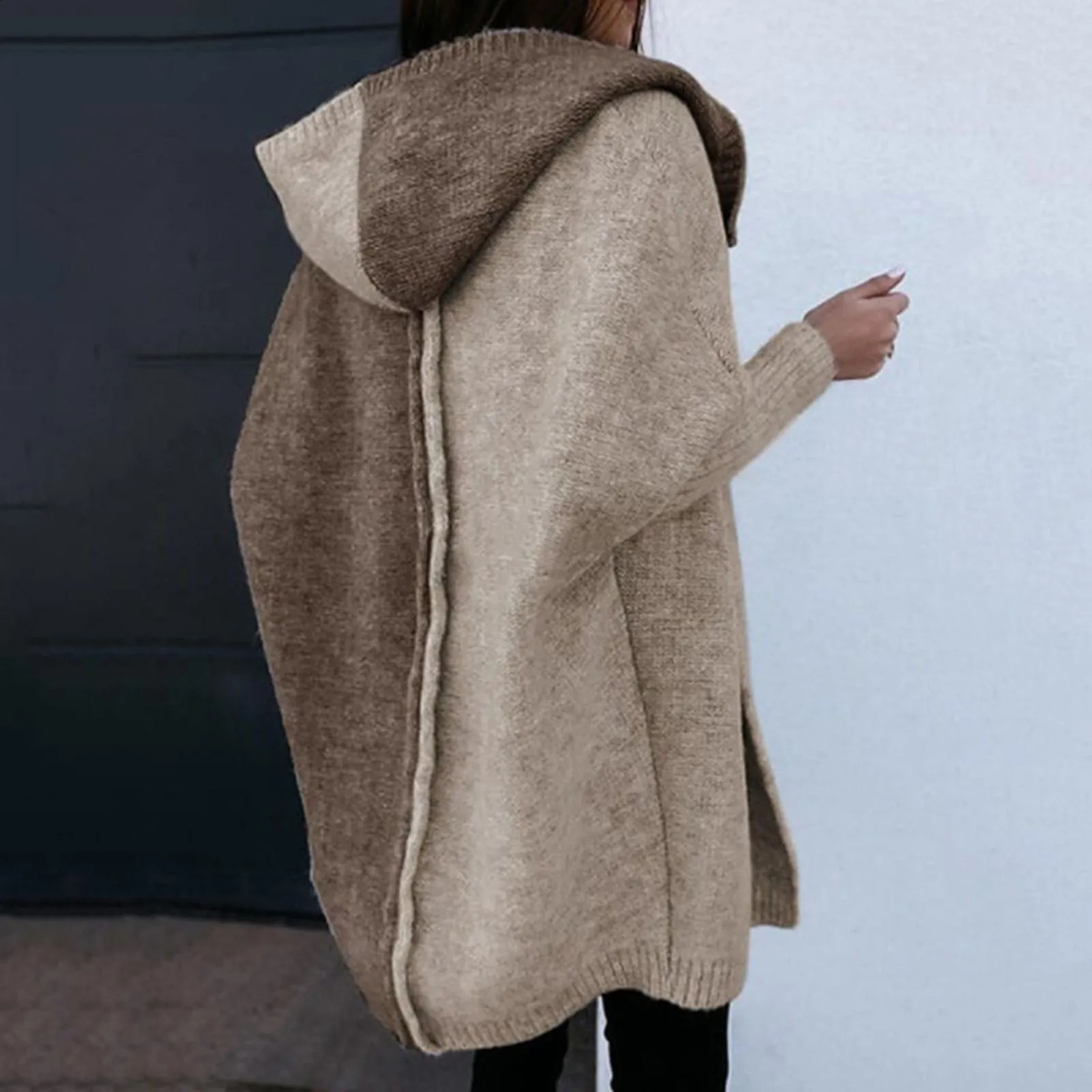 Womens loose knitted sweater jacket fashionable open style long sleeved hooded cardigan woolen colorful 240905
