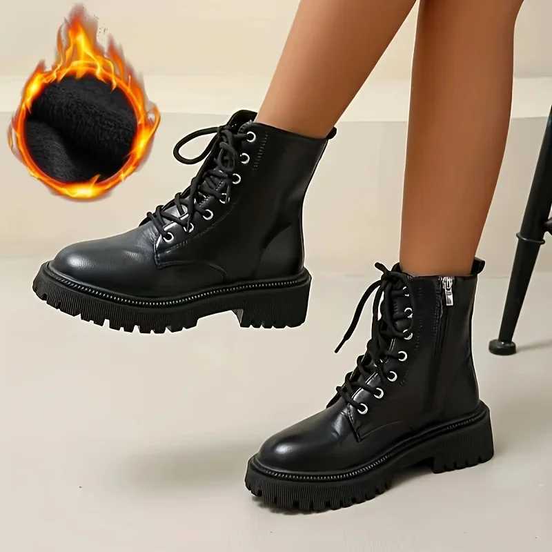 Womens Platform Boots Short Plush Solid Color Lace Side Zipper Ankle Boots Winter Womens Shoes 2024 Large 42 Womens Shoes CL240906