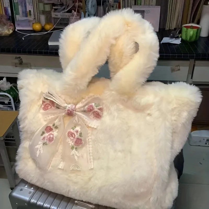 plush handbag lace bow decoration Kawaii fluffy Lolita roleplaying faux fur fashion bag wallet 240906