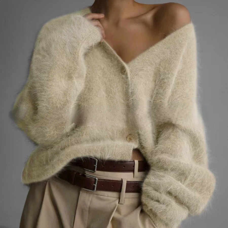 Fluffy knitted cardigan long sleeved sweater womens loose jacket soft Vneck jumper single breasted casual 240905