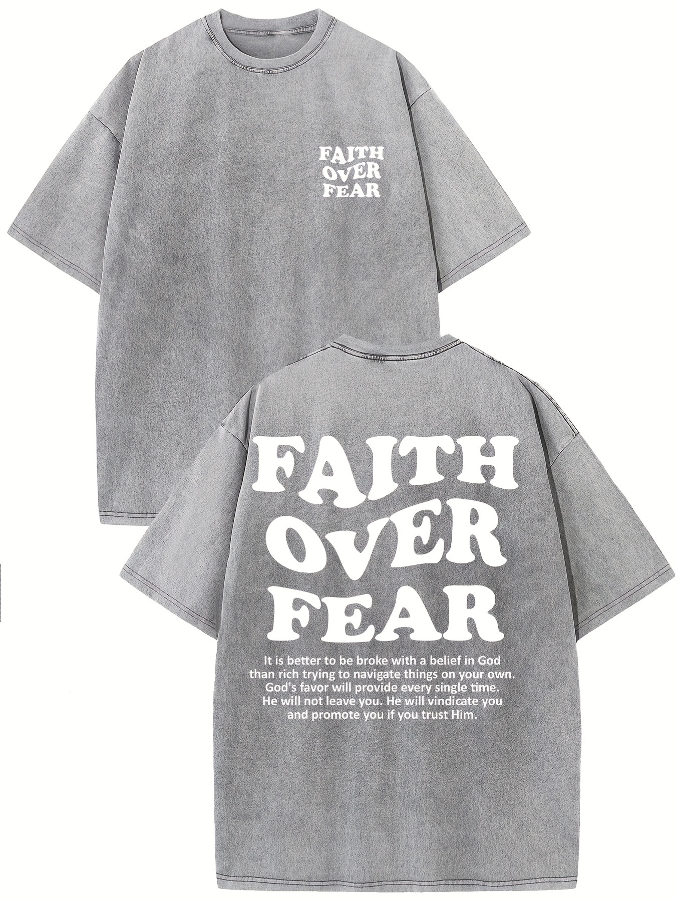 Faith Over Fear Casual T-shirt Vintage Washed Street Monogrammed Cotton T-shirt Mens T-shirt Made Of Old Dark Wind Streetwear Drop-shoulder Sleeve Rou