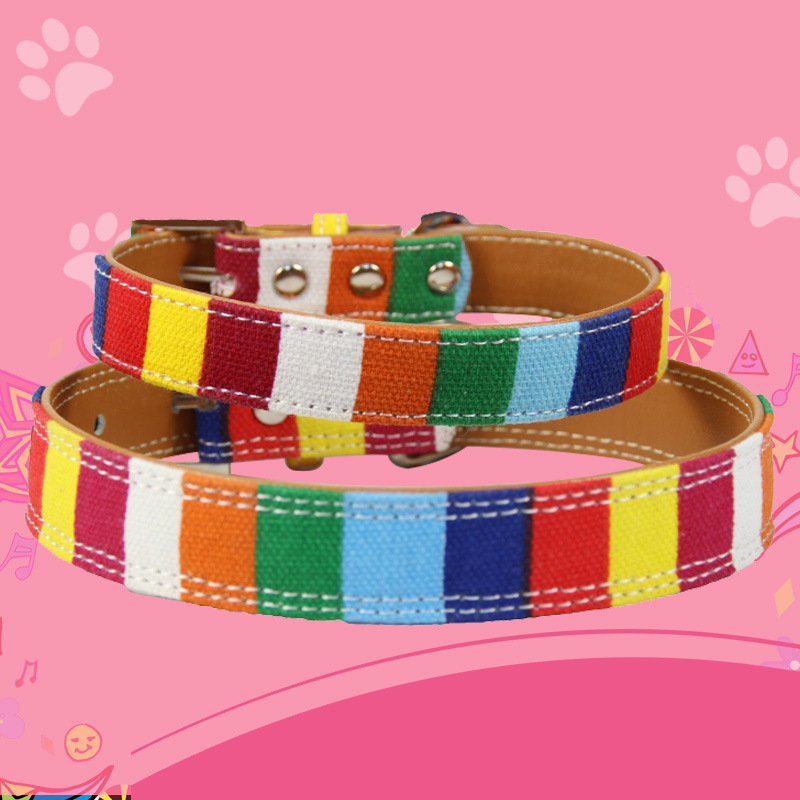 halloween Carefully selected rainbow stripe pet dog collar canvas PU alloy buckle head matching traction rope pet collar