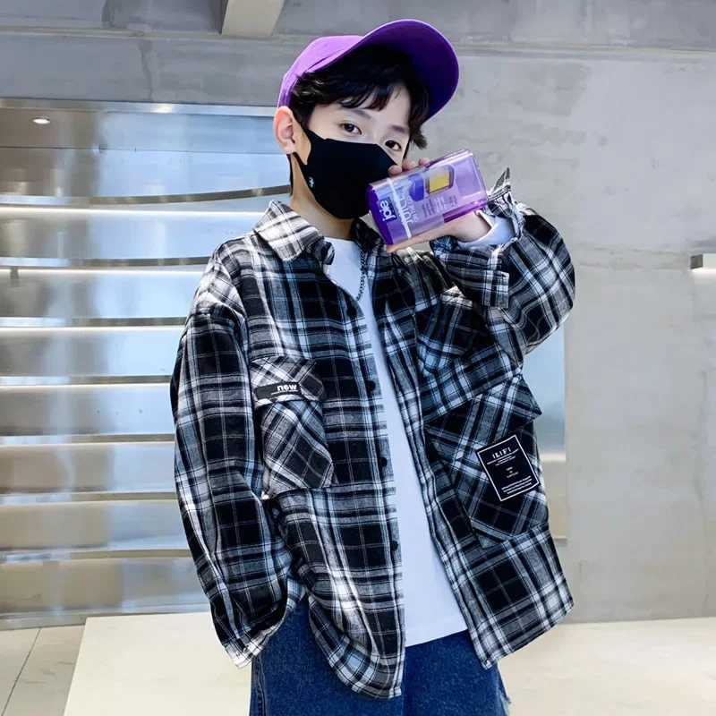 Boys Blouses Teenagers Outerwear Grid Printed Shirts 2024 Spring Autumn Kids Fashion Jacket 4 To 10Yrs Childrens Clothing Y240906