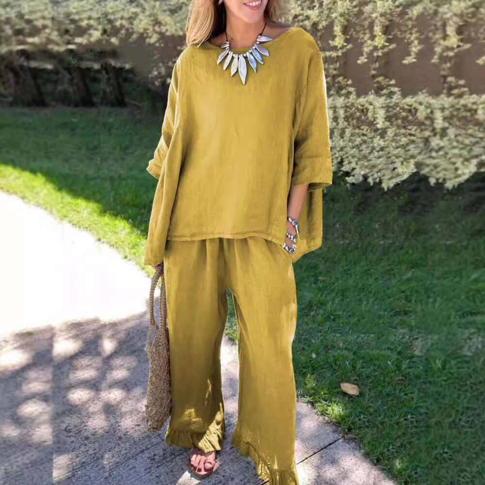 2024 Summer New Cotton and Hemp Women's Fashion Solid Color Loose Casual Pants Two Piece Set