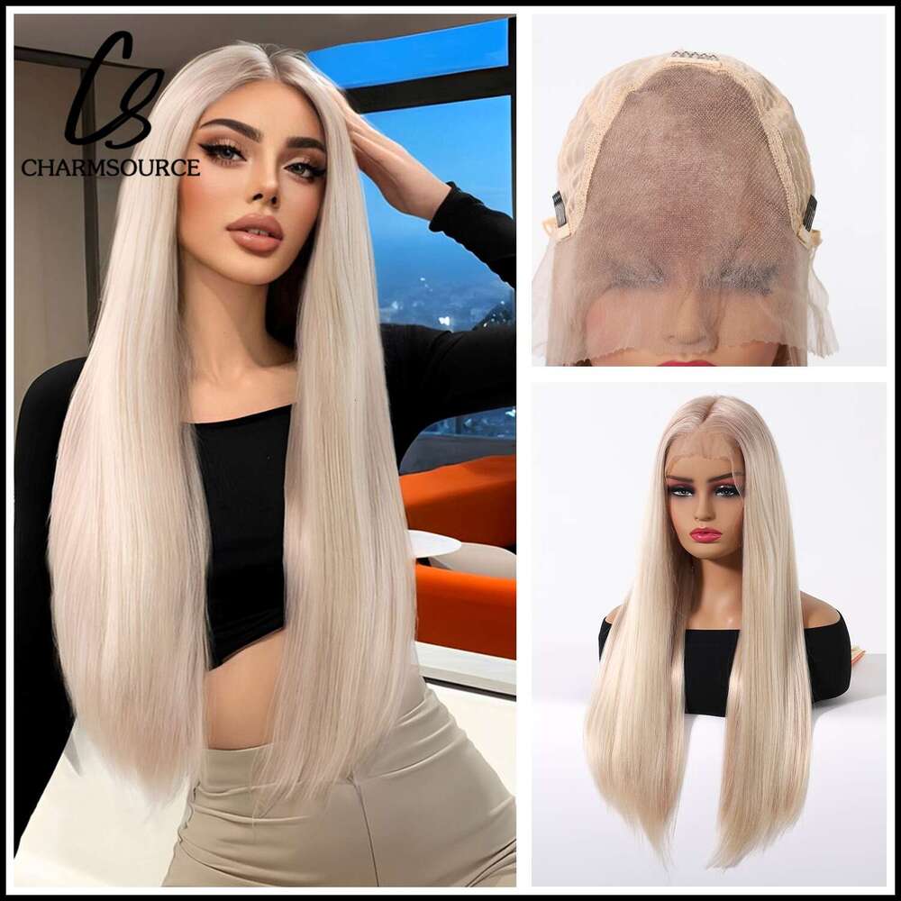 Charmsource Synthetic 13X6 Lace Wig Long Straight Red Platinum Wigs For Women Daily Party Cosplay Wedding High Density