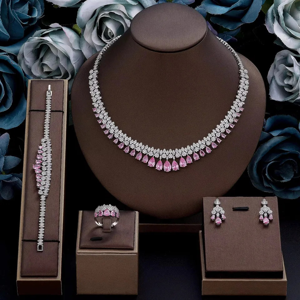 White Cubic Zirconia Bridal Jewelry Set Bridal Accessories Tassel Water Drop Necklace Earrings 4-piece Set for Wedding Parties 240906