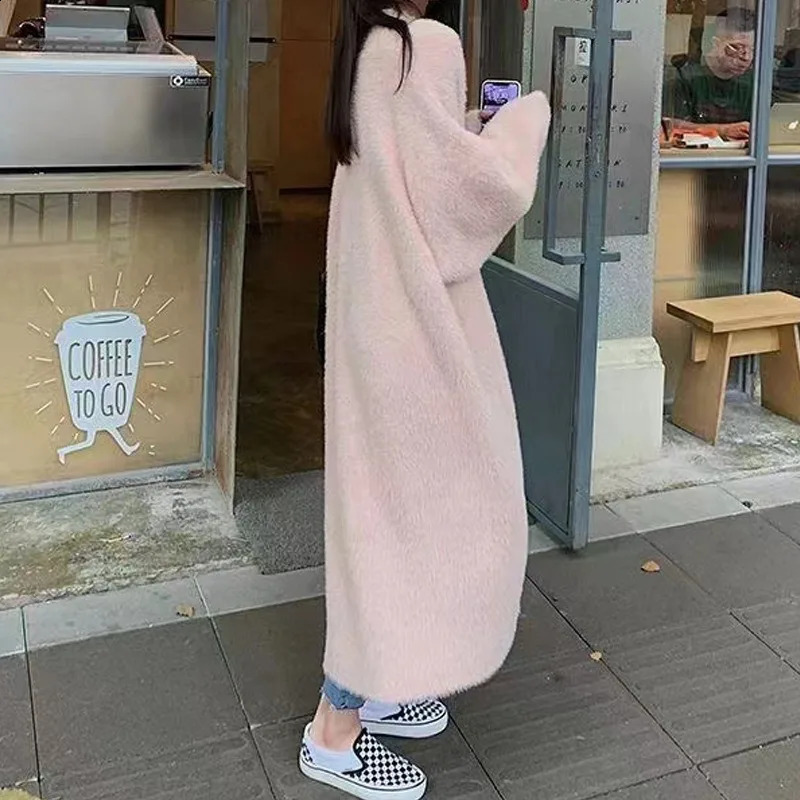 Womens casual knee length faux mink sweater fashionable autumn and winter loose knit cardigan jacket 240905