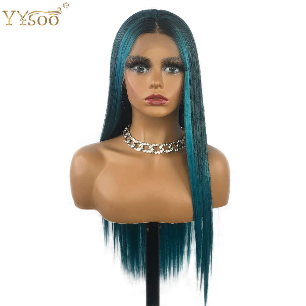 Yysoo Long Blue Mixed Color Futura Synthetic 13X4 Lace Front Wig Pre Plucked Highlights Glueless Silky Straight Wigs For Women