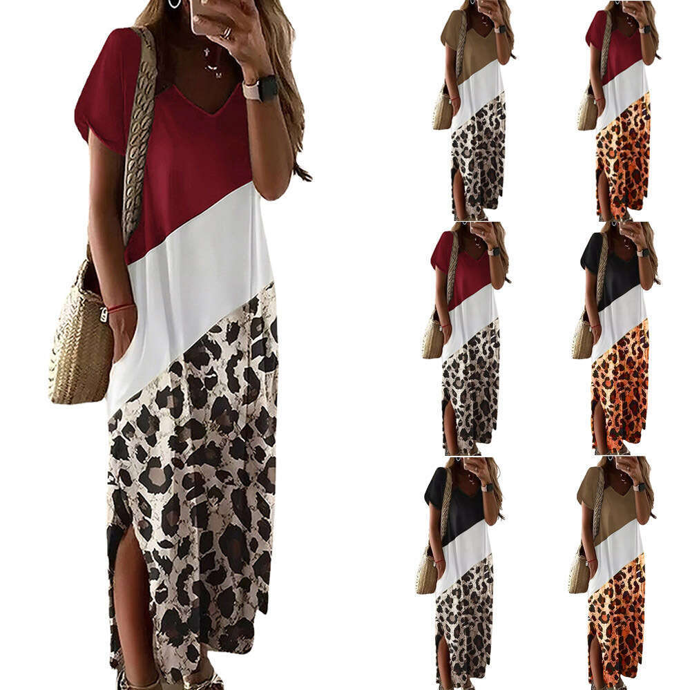 New leopard print side slit T-shirt long women's color matching black and white round neck dress women