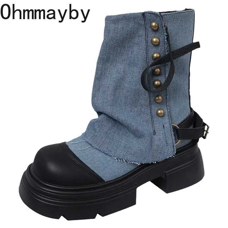Designer Womens Short and Fat Denim Short Boots Fashion Platform High Heels Boots Womens Comfortable Shoes CL240906