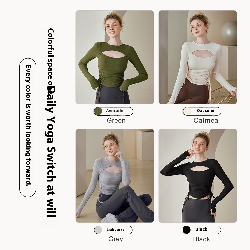 Yoga outfit women's new design sense hollow knitted base shirt, sports breathable drawstring tight long sleeved T-shirt top