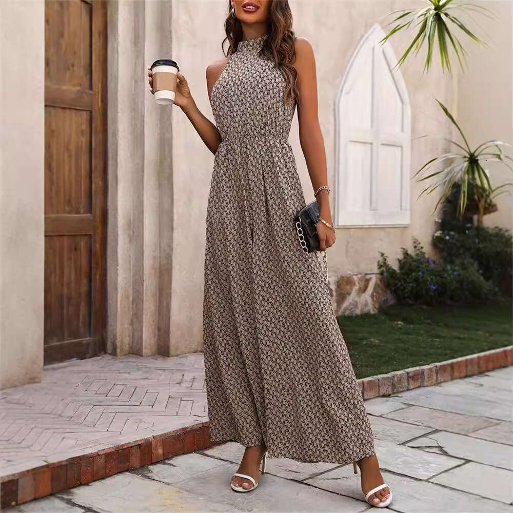 Women's elastic waistband high hanging neck sleeveless floral wide leg casual jumpsuit commuting pants for women