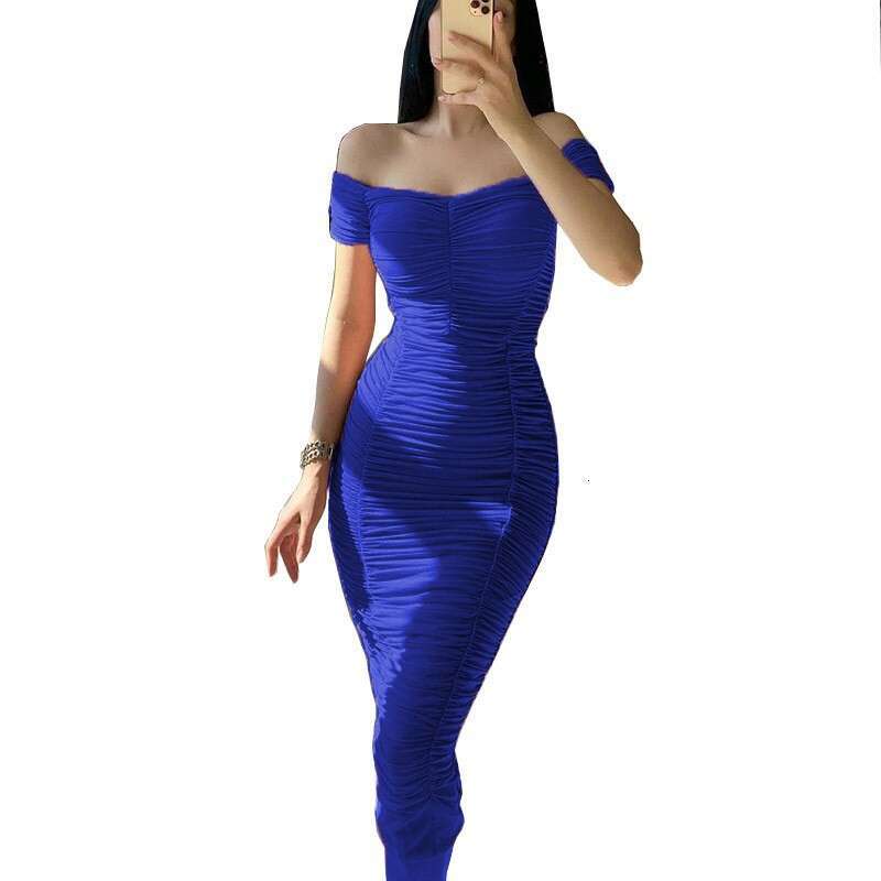New style solid color long with elegant temperament, summer women's one shoulder pleated dress