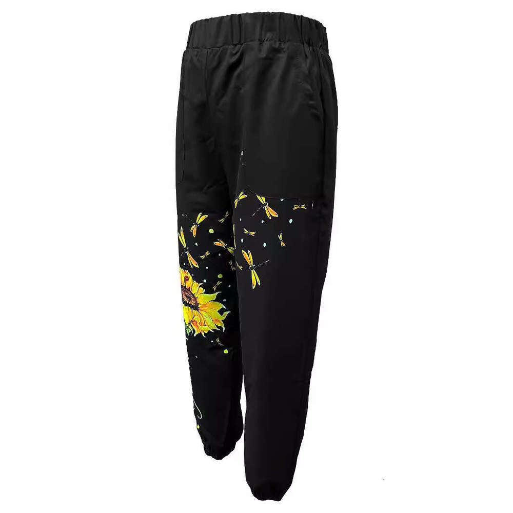 2024 new summer loose casual printed sunflower elastic waisted cropped pants for women