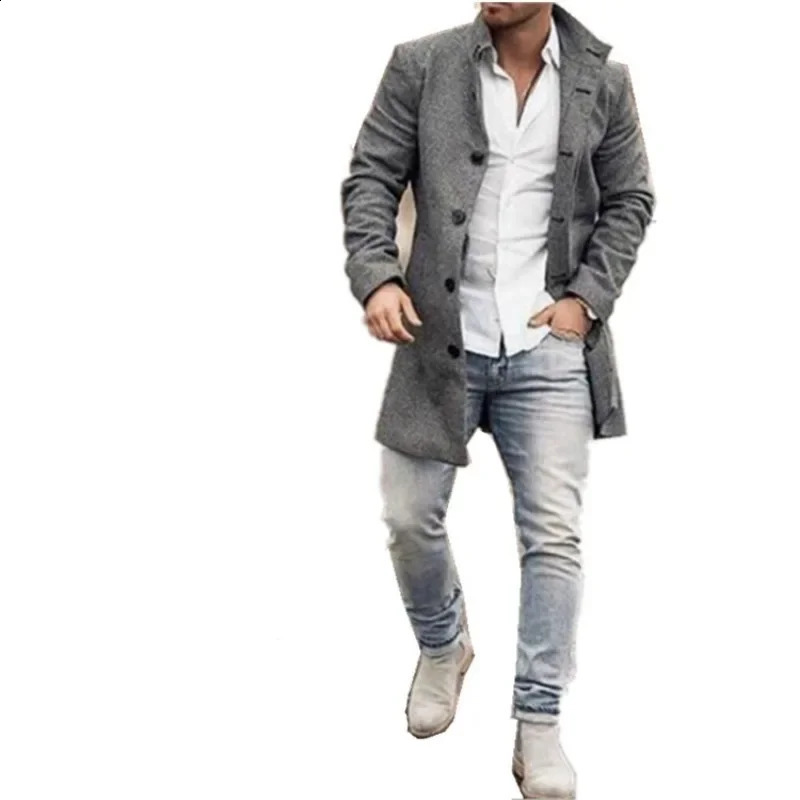 Autumn/Winter Mens Woolen Stand Neck Mid Length Pocket Casual Coat 240903