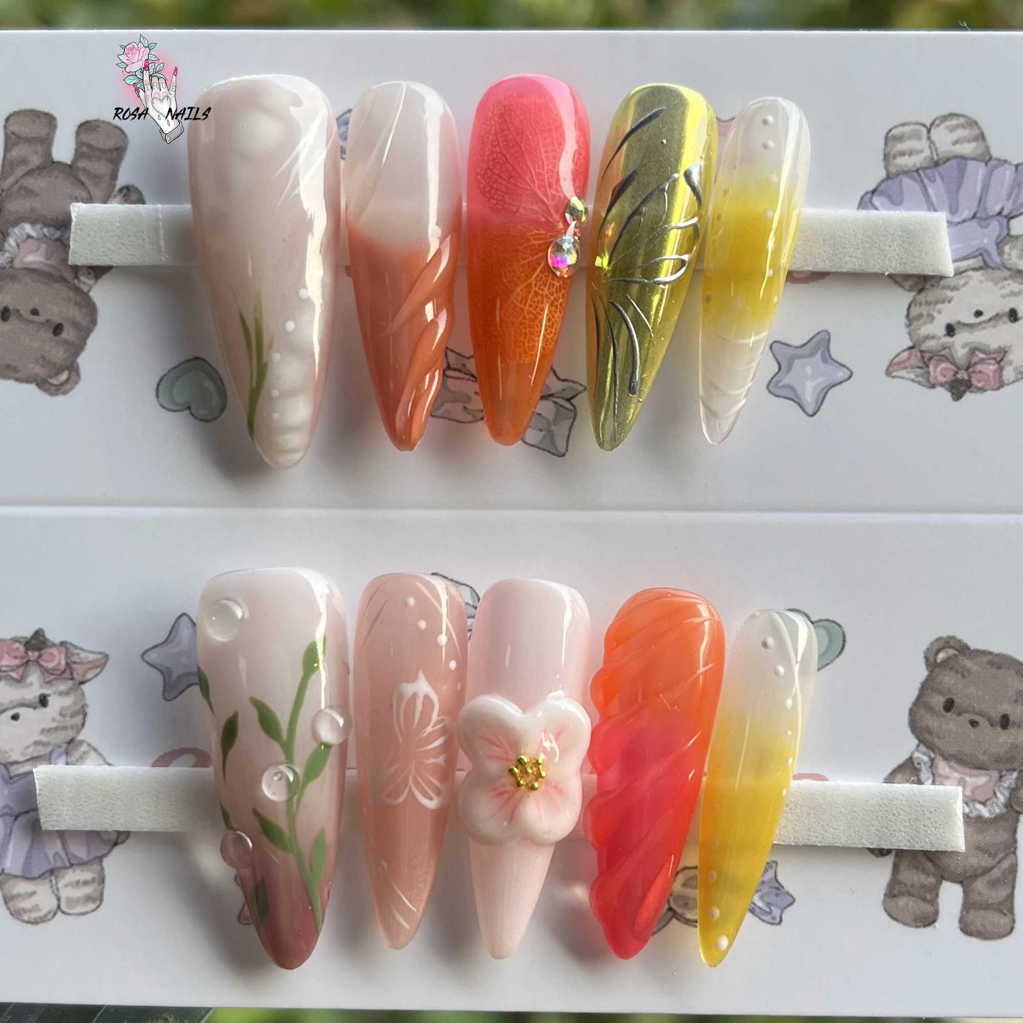 Dry flower Hand pressing nail 3D gel flower y2k Hand painting hibiscus peony Pressing long fine grain acrylic false nail tip W240905