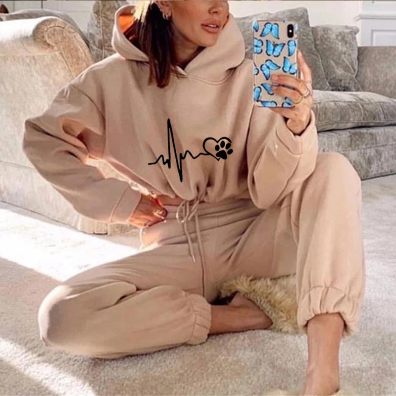 Womens Hooded Tracksuit Drawstring Sports 2 Pieces Set Jogging Pullover Sweatshirts Pants Suit Home Sweatpants Trousers Outfits 240906