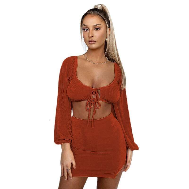 2024 Fashion Women's Summer New Style Sexy Square Collar Strap Long Sleeve Short Top Set for Women