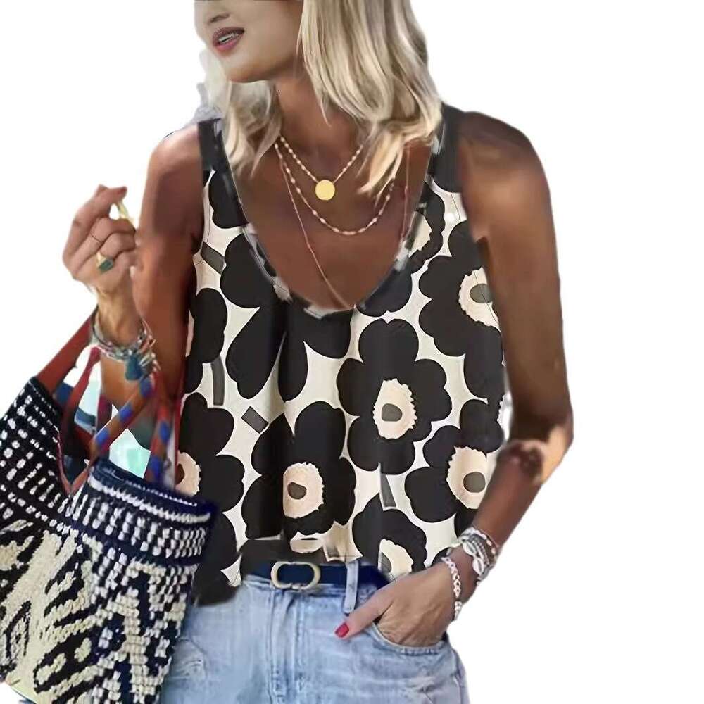 New plus size women's clothing for spring and summer 2024, elegant, casual, fashionable, loose printed sleeveless vest top