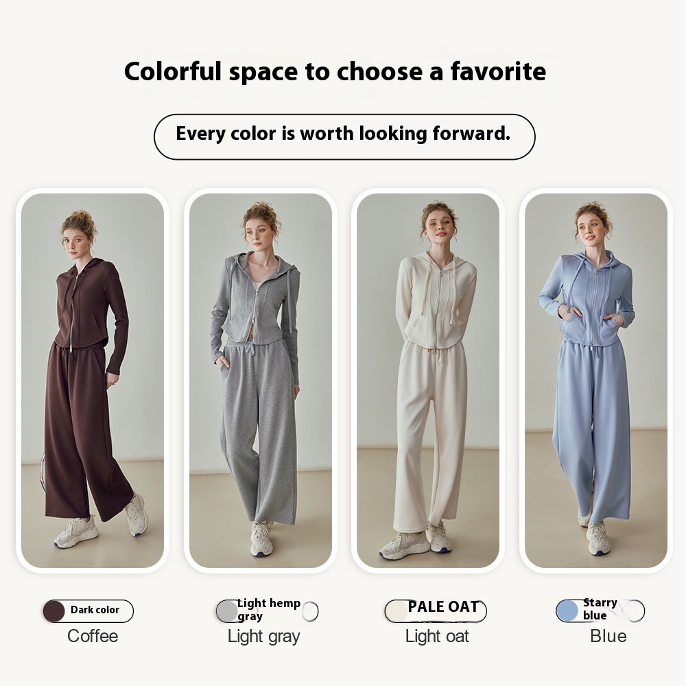 Sports suit women's new thick warm zipper hooded jacket yoga fiess loose wide leg pants two-piece set
