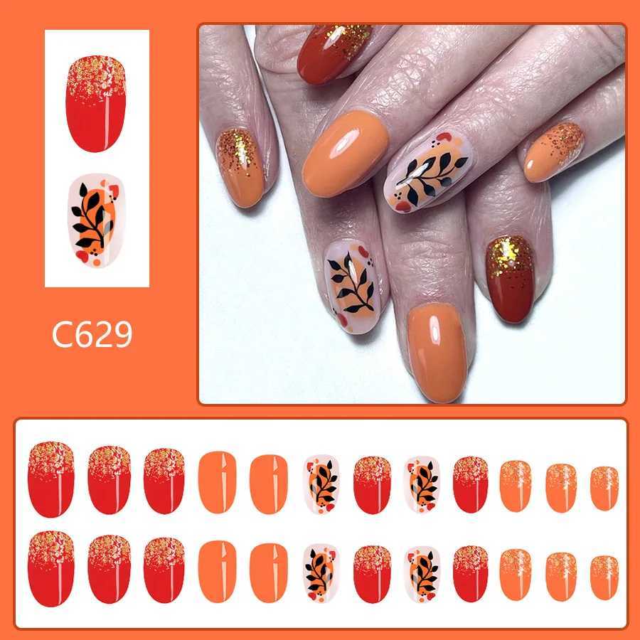 24 Smooth Short Almond Fake Nails - Black Orange Gradient Press on Nails Gold Shining Lines and Leaf Design Fake Nails W240905