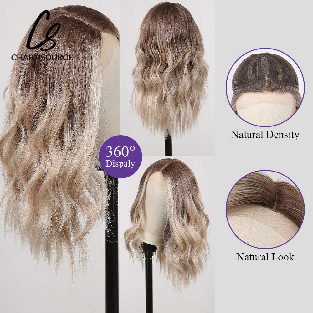 Charmsource Synthetic Wig Brown Ombre Blonde Lace Front Long Wavy With Dark Root Wigs For Women Daily Cosplay