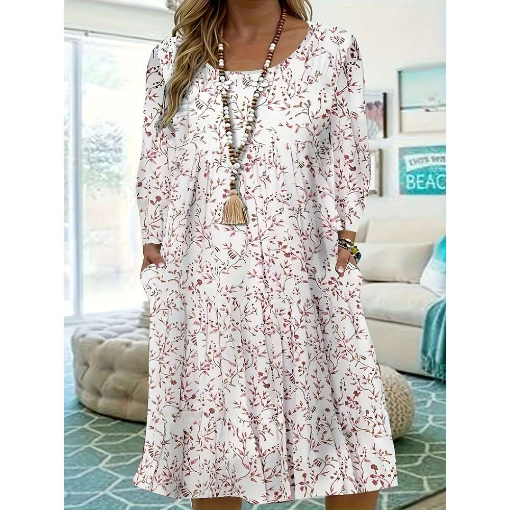 Women's 2023 new loose round neck long short sleeved pleated dress for women