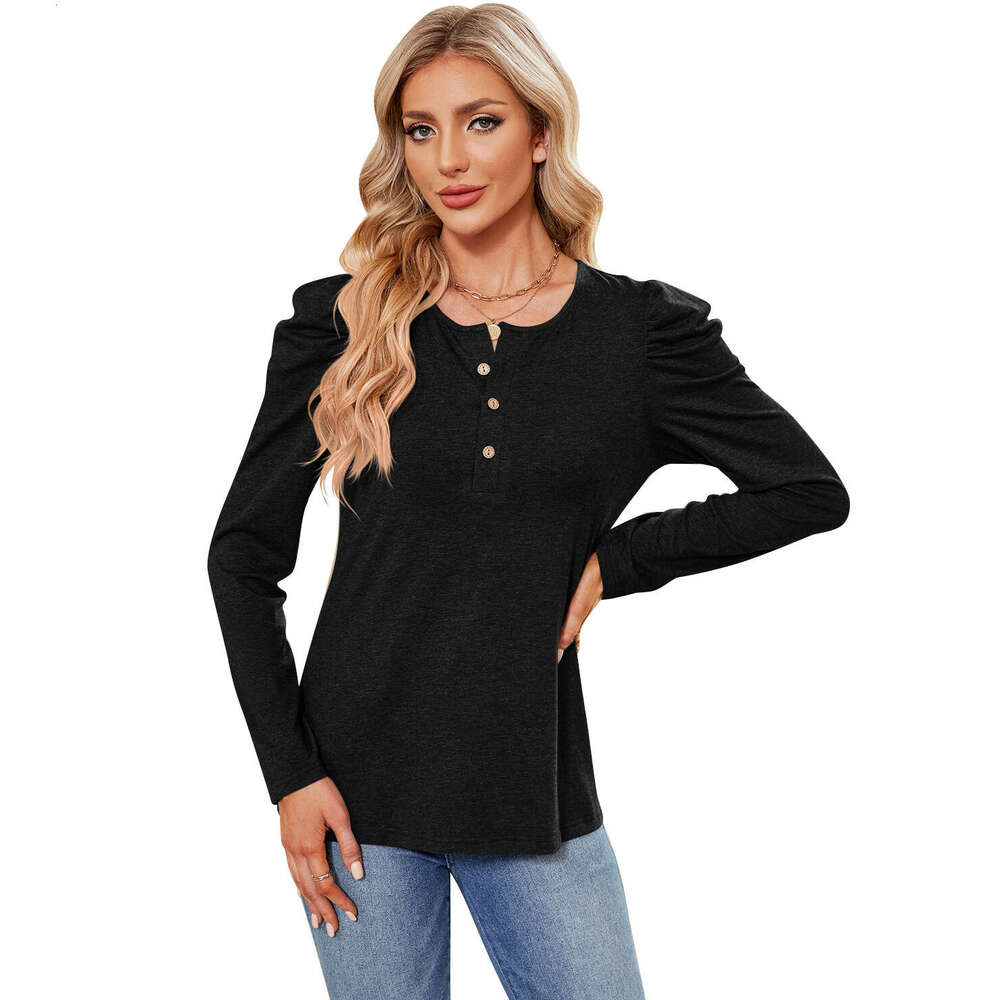 2024 Autumn/Winter New Solid Color Button Round Neck Bubble Sleeve T-shirt Top for Women