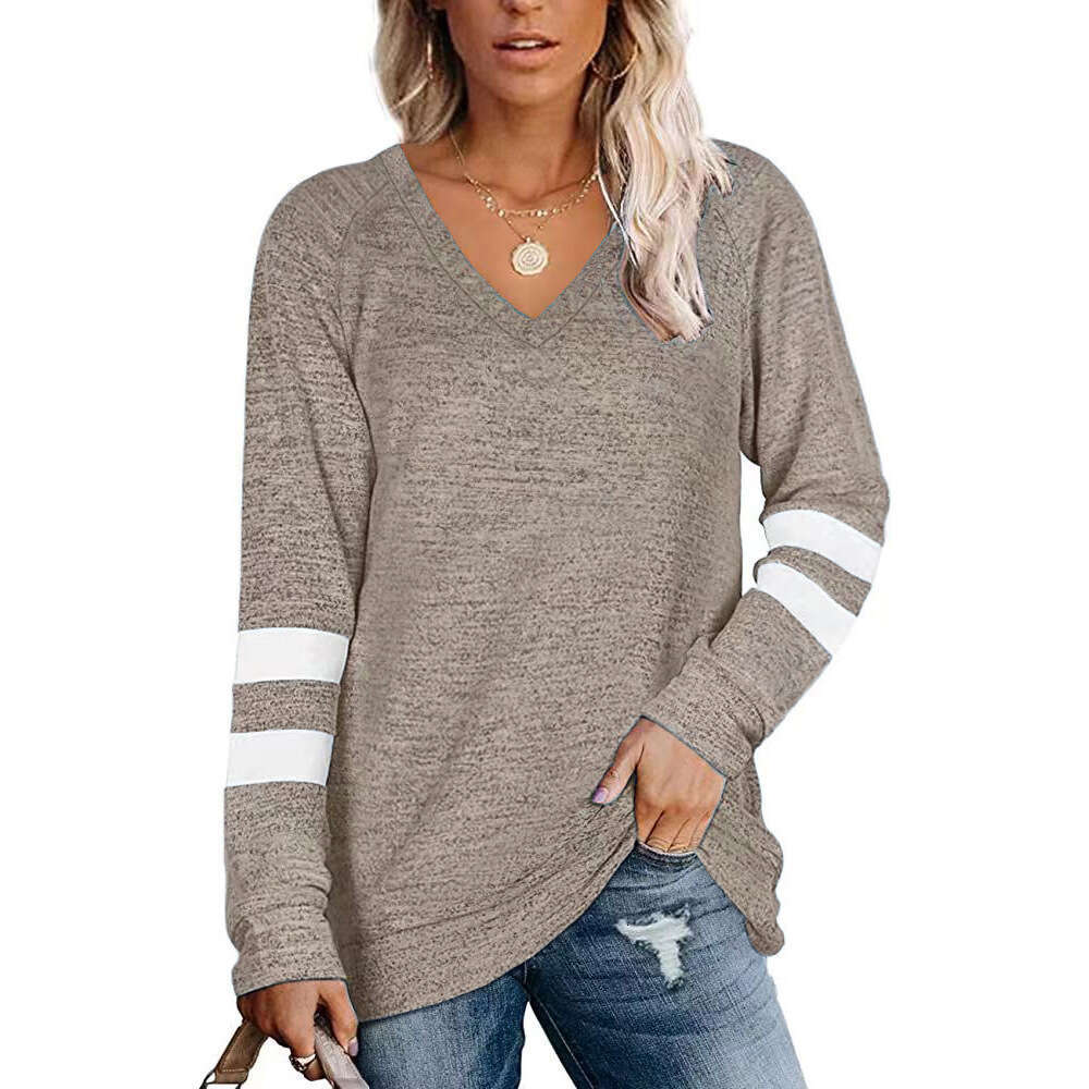 2022 Womens Long Sleeve Contrast Panel V-Neck Loose Casual T-shirt Top