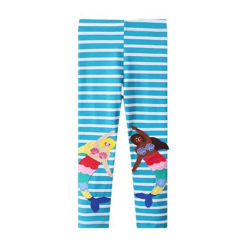 Jumping Meters Girls Blue Leggings Pants Mermaid Embroidery Autumn Spring Full Length Kids Trousers Stripe Toddler Pencil Pants Y240906