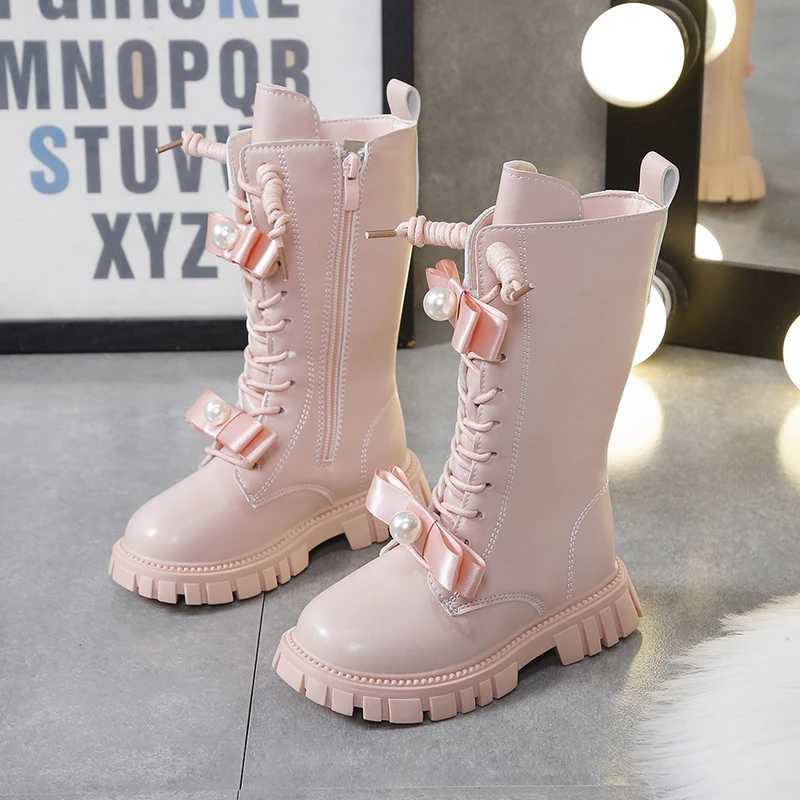 Winter Long Boots For Girls Luxury Pearl Bow Teenager Girls Fashion Boots Faux Fur Thick Warm Cotton Snow Boots For Girls M240906