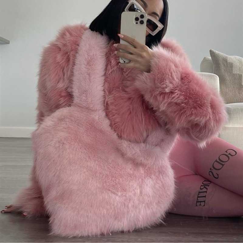 Crossbody Plush Bag Ins Sweet Cool Fairy Pink Love Bag Handheld Crossbody Spicy Girl Imitation Fox Hair 240915