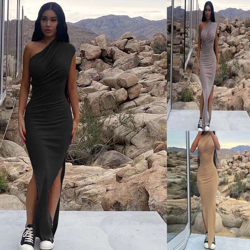 Spring and summer new solid color casual pleated sloping shoulder slit slim long dress women's clothing